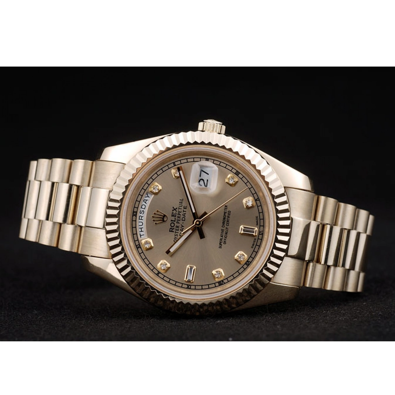 Aaa replica watch 41997 Rolex Gold Ribbed DayDate Swiss Dial Steel Bezel Stainless Gold 0726